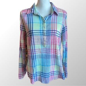 Talbots Top Size Medium Multi Color Gauzy Plaid Popover 1/2 Button Tab‎ Sleeve